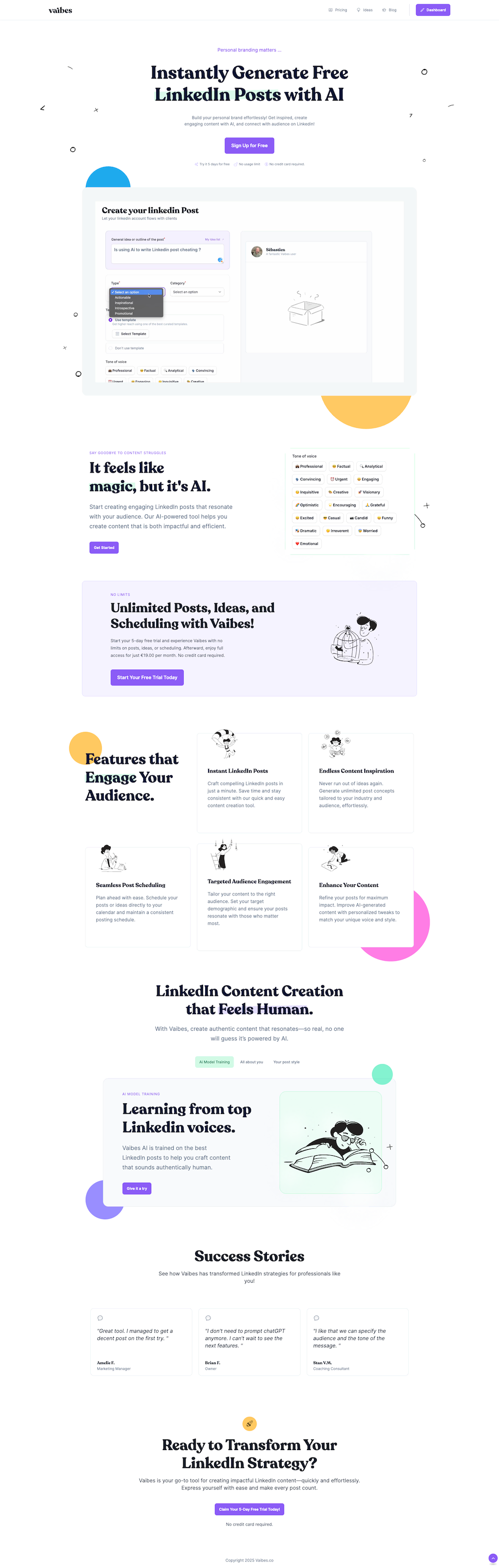 Vaibe, Linkedin posts generator - Main View